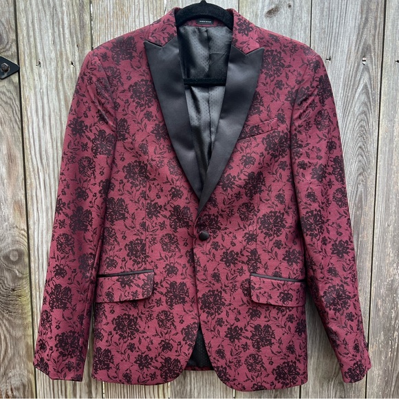 J FERRAR Slim Fit Red Floral Suit Tuxedo Blazer Jacket Mens 36S
